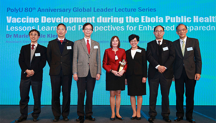 Professor Timothy W. Tong (3rd from the left), President of PolyU; Dr Marie-Paule Kieny (centre), Assistant Director-General, Health Systems and Innovation, of WHO; and members of PolyU at the lecture.