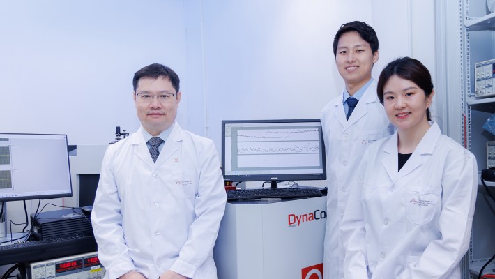 The PolyU team led by Prof. Loh Kian-ping (left) along with Dr Kathy Leng (right) and Dr Hwa Seob Choi (back) developed the 2D all-organic perovskites, which unlock a new world of possibilities for the creation of more efficient and versatile electronic systems.