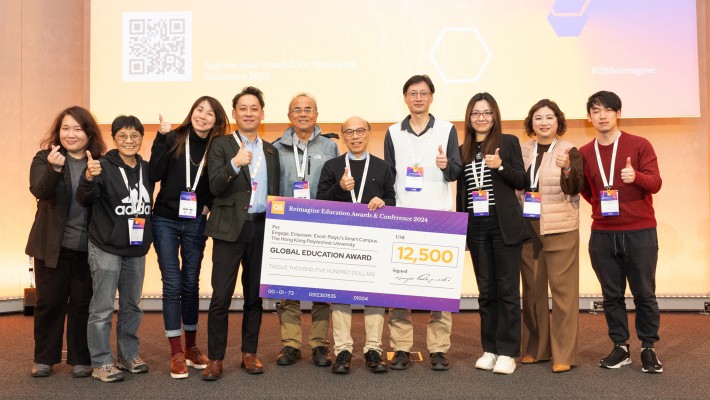 Three PolyU projects received awards at the QS Reimagine Education Awards 2024. The projects are led by Dr Rodney Chu (5th from right), Dr Shara Lee (3rd from left) and Dr Grace Ngai.