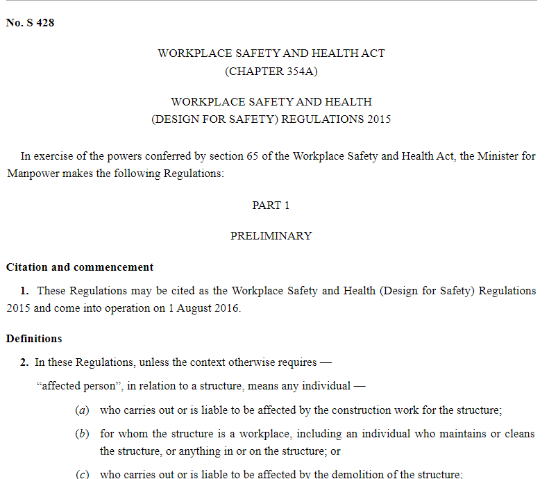 Workplace Safety and Health (Design for Safety) Regulations 2015