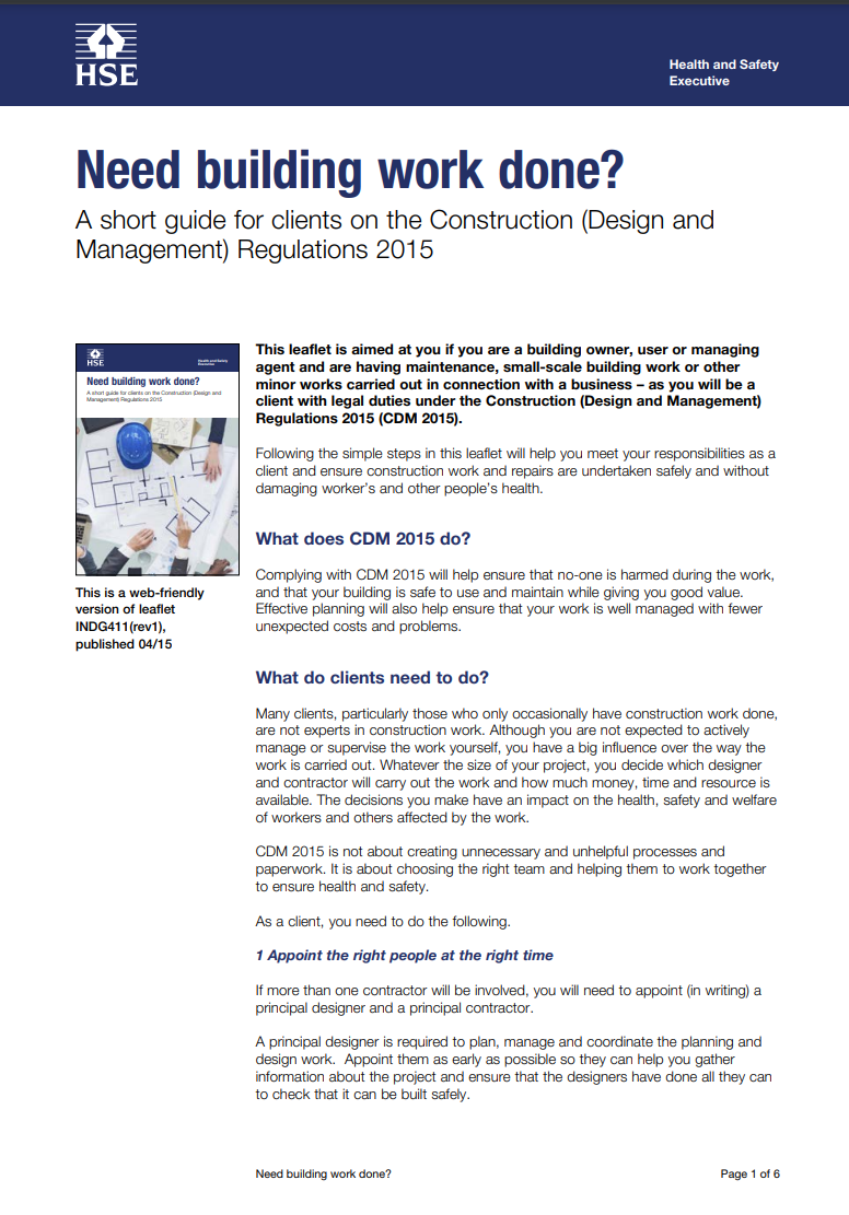 Need building work done? -A short guide for clients on the Construction (Design and Management) Regulations 2015