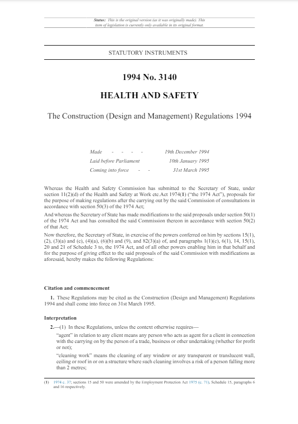 The Construction (Design and Management) Regulations 1994